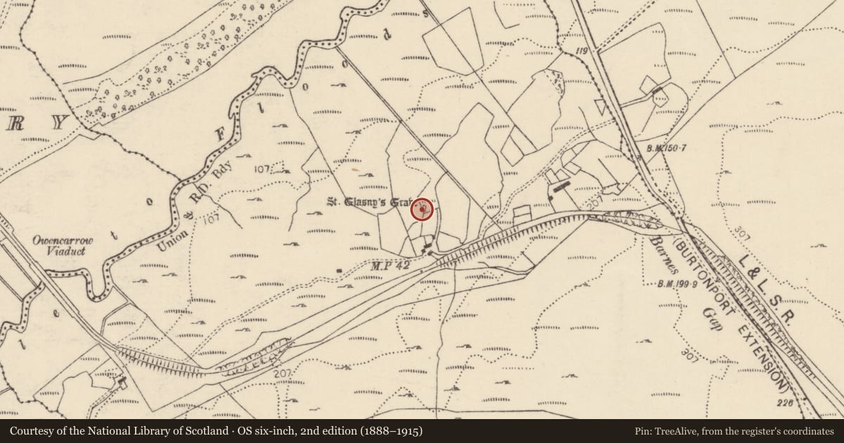 Ordnance Survey six-inch map, 2nd edition (1888–1915) covering the location of Megalithic structure, An Srath Greadaithe, County Donegal, with a pin at the register's coordinates