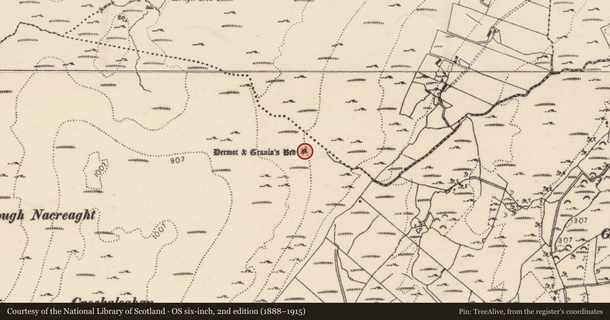 Ordnance Survey six-inch map, 2nd edition (1888–1915) covering the location of Megalithic tomb - unclassified, Cratlagh, County Donegal, with a pin at the register's coordinates