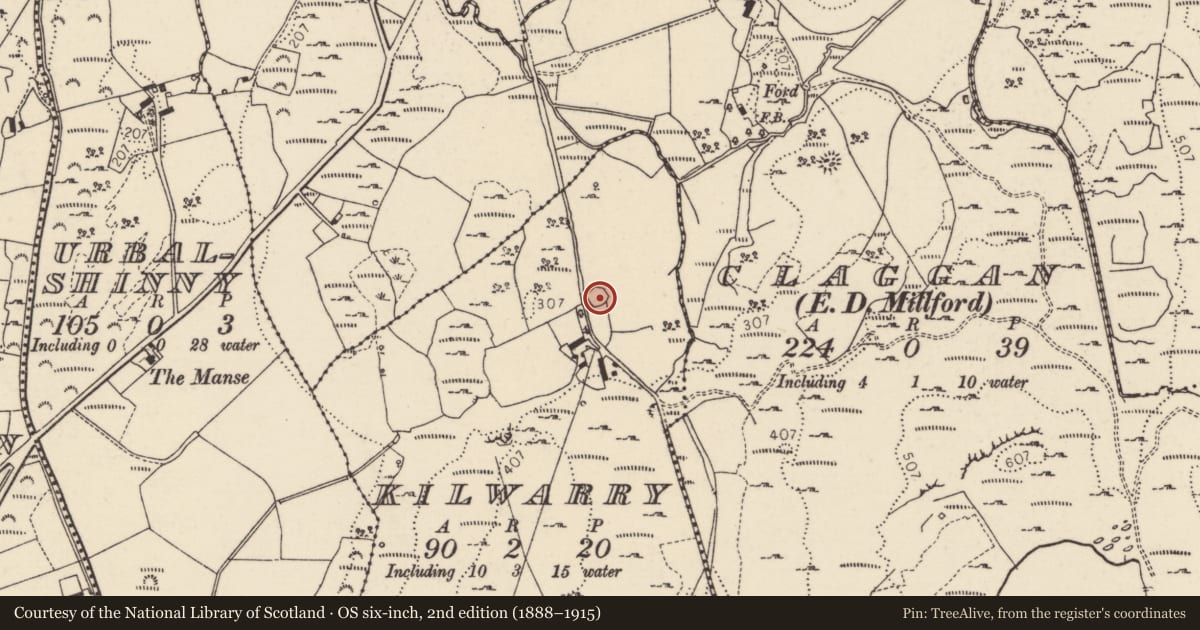 Ordnance Survey six-inch map, 2nd edition (1888–1915) covering the location of Burial ground, Kilwarry, County Donegal, with a pin at the register's coordinates