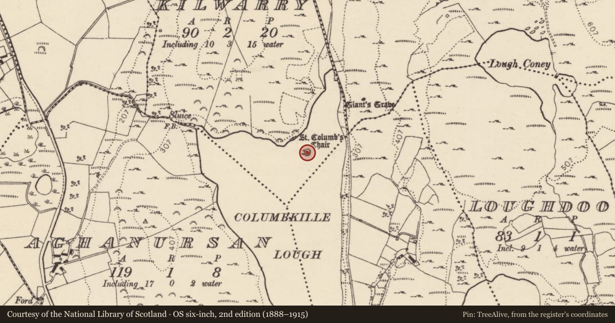Ordnance Survey six-inch map, 2nd edition (1888–1915) covering the location of Crannog, Kilwarry, County Donegal, with a pin at the register's coordinates
