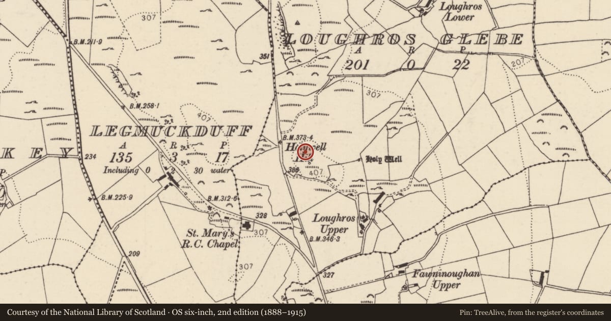 Ordnance Survey six-inch map, 2nd edition (1888–1915) covering the location of Ringfort - cashel, Loughros Glebe, County Donegal, with a pin at the register's coordinates