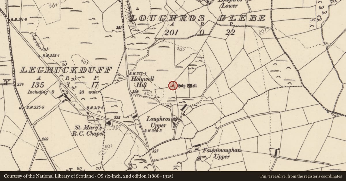 Ordnance Survey six-inch map, 2nd edition (1888–1915) covering the location of Ritual site - holy well, Loughros Glebe, County Donegal, with a pin at the register's coordinates