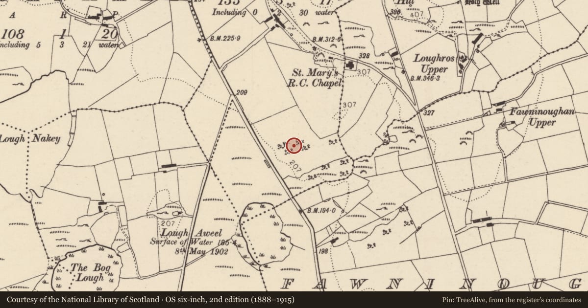Ordnance Survey six-inch map, 2nd edition (1888–1915) covering the location of Cist, Legmuckduff, County Donegal, with a pin at the register's coordinates