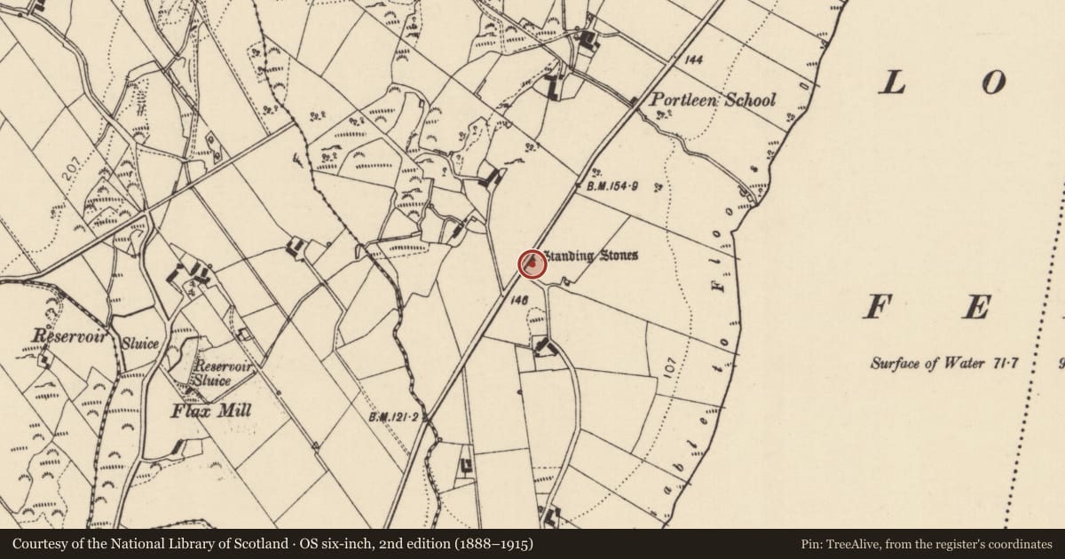 Ordnance Survey six-inch map, 2nd edition (1888–1915) covering the location of Stone row, Portleen, County Donegal, with a pin at the register's coordinates
