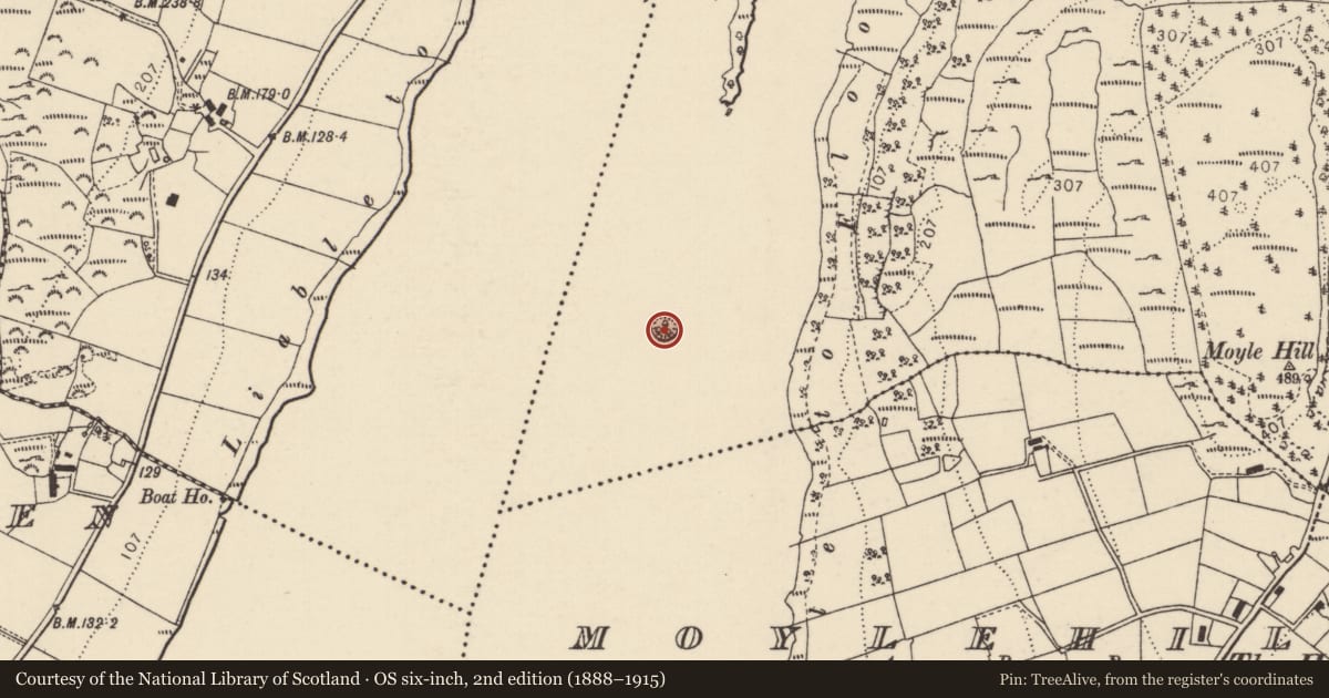 Ordnance Survey six-inch map, 2nd edition (1888–1915) covering the location of Crannog, Moyle, County Donegal, with a pin at the register's coordinates