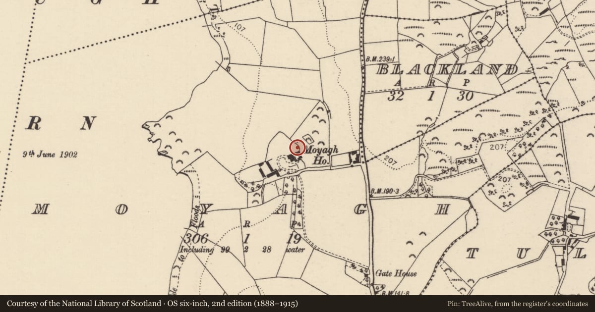 Ordnance Survey six-inch map, 2nd edition (1888–1915) covering the location of Bullaun stone, Moyagh, County Donegal, with a pin at the register's coordinates