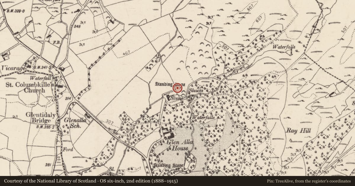Ordnance Survey six-inch map, 2nd edition (1888–1915) covering the location of Standing stone, Glenalla, County Donegal, with a pin at the register's coordinates