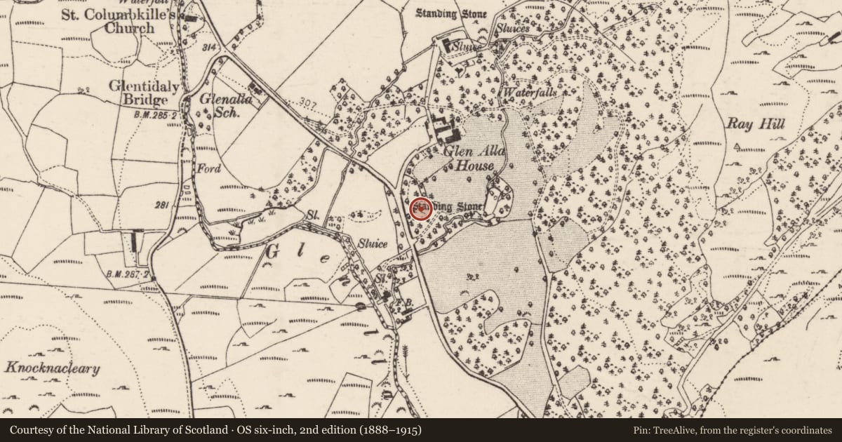 Ordnance Survey six-inch map, 2nd edition (1888–1915) covering the location of Standing stone, Glenalla, County Donegal, with a pin at the register's coordinates