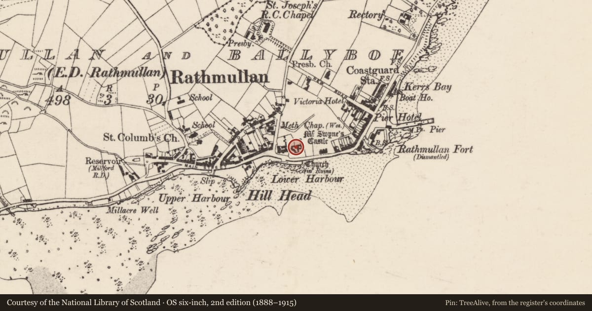 Ordnance Survey six-inch map, 2nd edition (1888–1915) covering the location of Religious house - Carmelite friars, Rathmullan And Ballyboe, County Donegal, with a pin at the register's coordinates