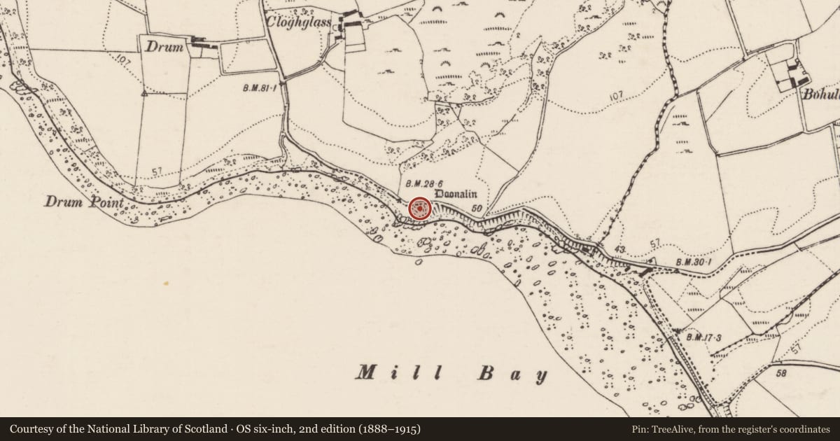 Ordnance Survey six-inch map, 2nd edition (1888–1915) covering the location of Promontory fort - coastal, Ballynakilly, County Donegal, with a pin at the register's coordinates