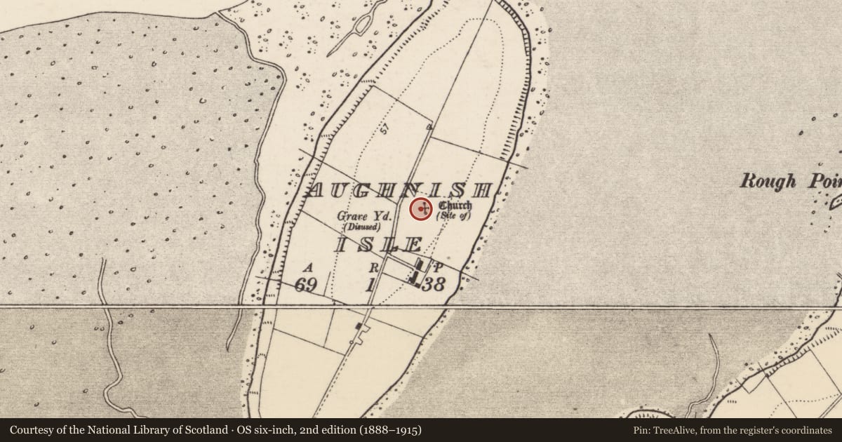 Ordnance Survey six-inch map, 2nd edition (1888–1915) covering the location of Church, Aughnish Isle, County Donegal, with a pin at the register's coordinates