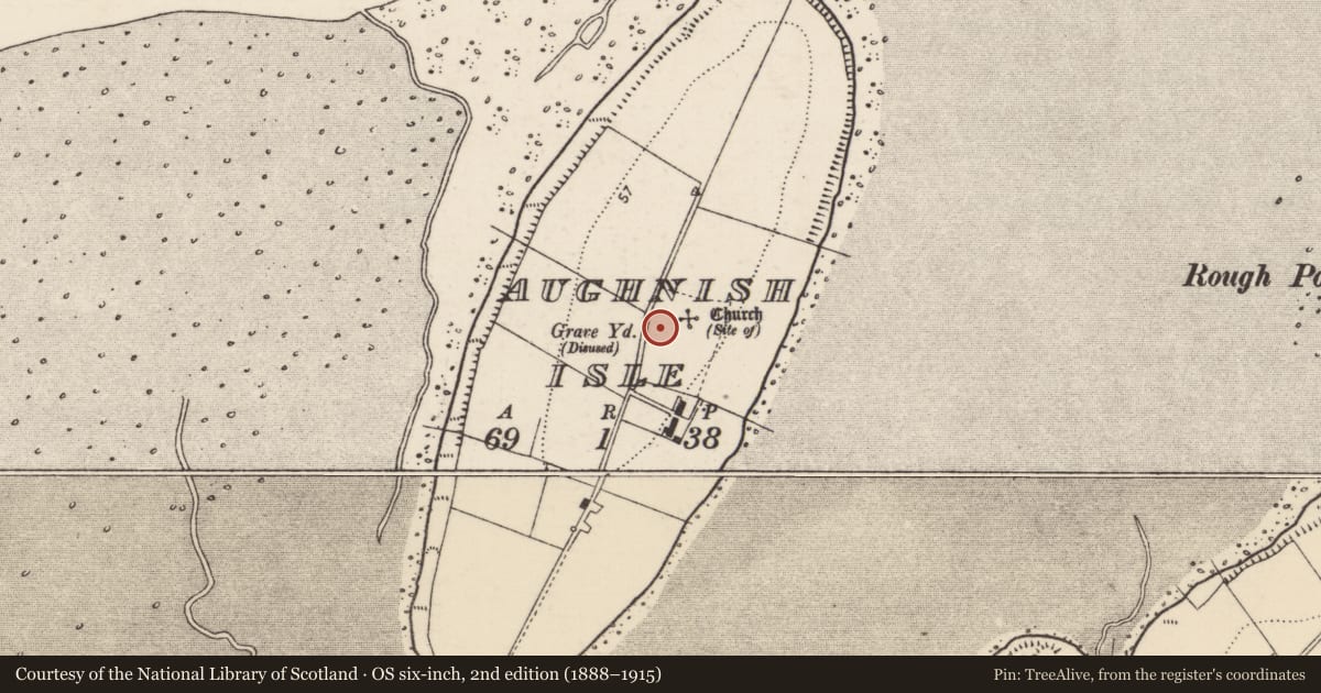 Ordnance Survey six-inch map, 2nd edition (1888–1915) covering the location of Graveyard, Aughnish Isle, County Donegal, with a pin at the register's coordinates