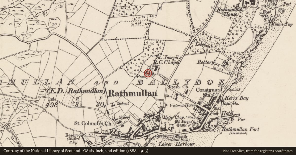 Ordnance Survey six-inch map, 2nd edition (1888–1915) covering the location of Cross-inscribed pillar (present location), Rathmullan And Ballyboe, County Donegal, with a pin at the register's coordinates