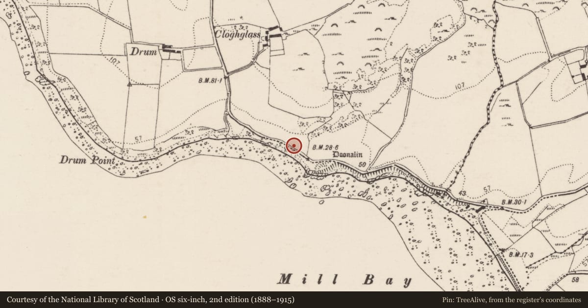 Ordnance Survey six-inch map, 2nd edition (1888–1915) covering the location of Midden, Ballynakilly, County Donegal, with a pin at the register's coordinates