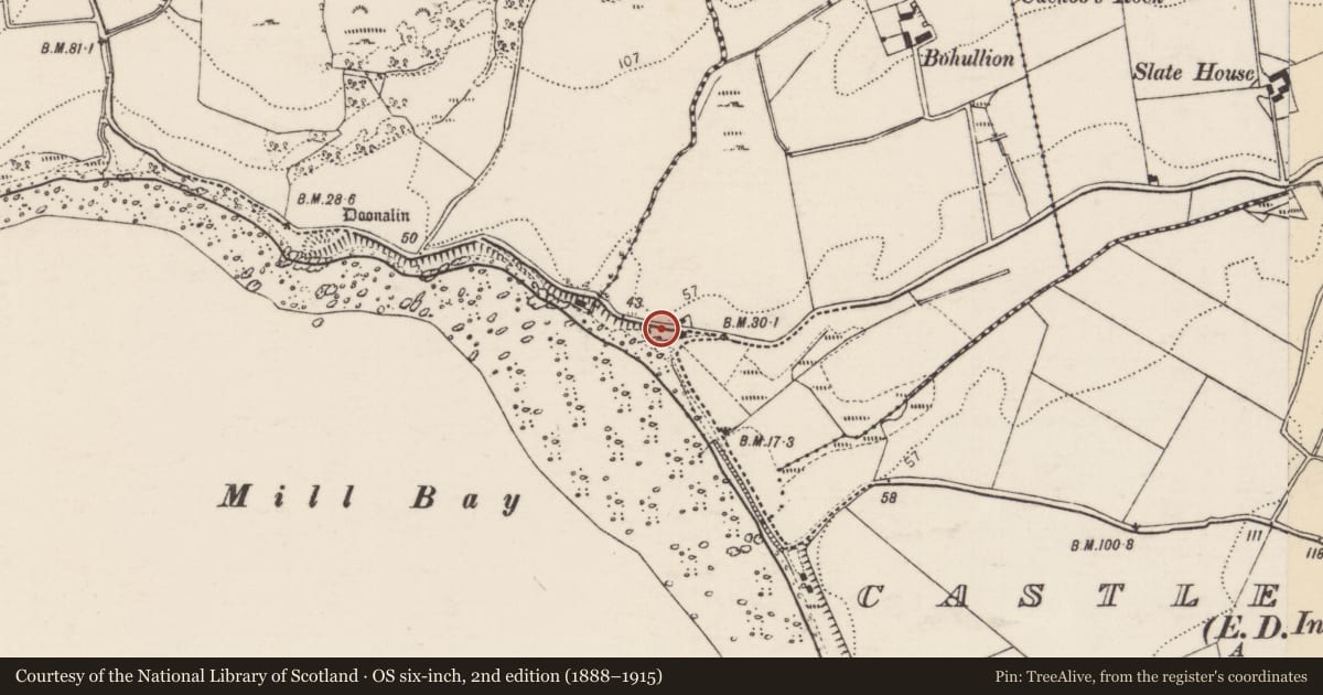 Ordnance Survey six-inch map, 2nd edition (1888–1915) covering the location of Midden, Glack Or Bohullion, County Donegal, with a pin at the register's coordinates