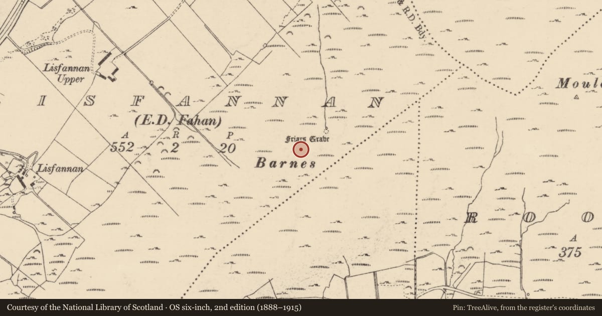 Ordnance Survey six-inch map, 2nd edition (1888–1915) covering the location of Hilltop enclosure, Lisfannan, County Donegal, with a pin at the register's coordinates