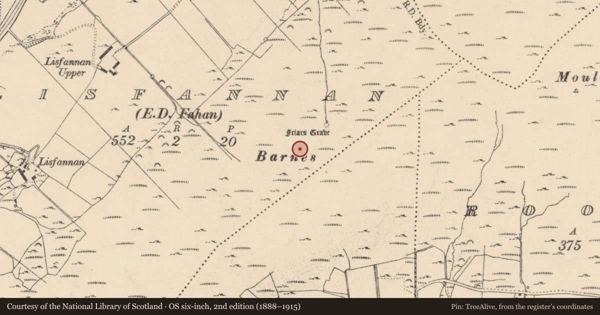 Ordnance Survey six-inch map, 2nd edition (1888–1915) covering the location of Hut site, Lisfannan, County Donegal, with a pin at the register's coordinates