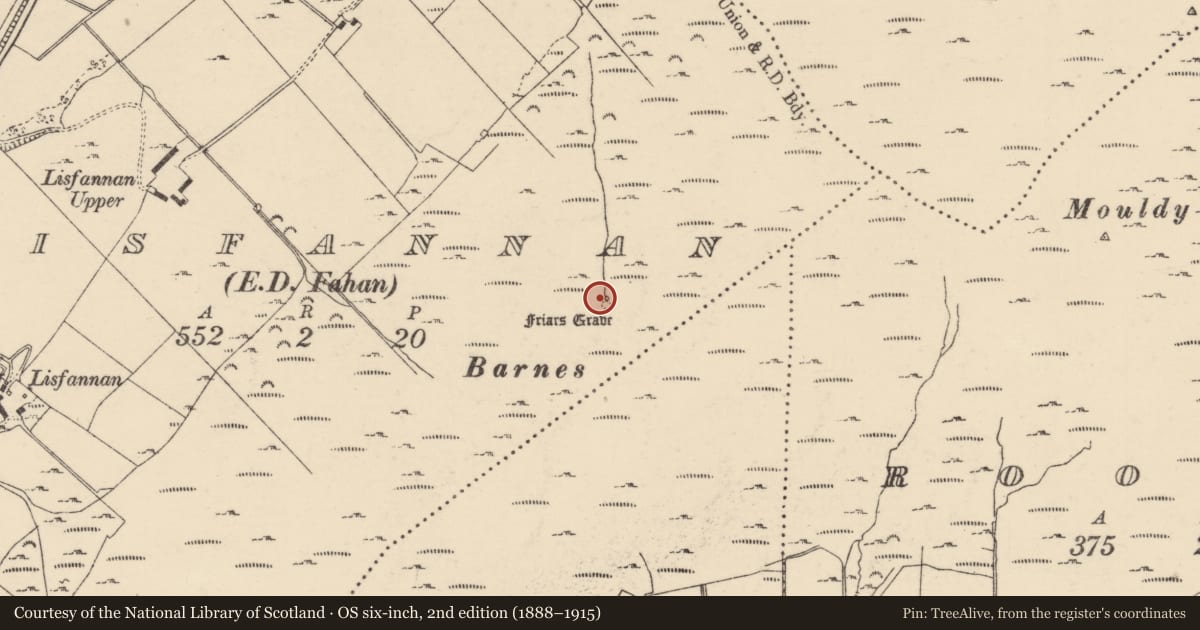 Ordnance Survey six-inch map, 2nd edition (1888–1915) covering the location of Ritual site - holy well, Lisfannan, County Donegal, with a pin at the register's coordinates