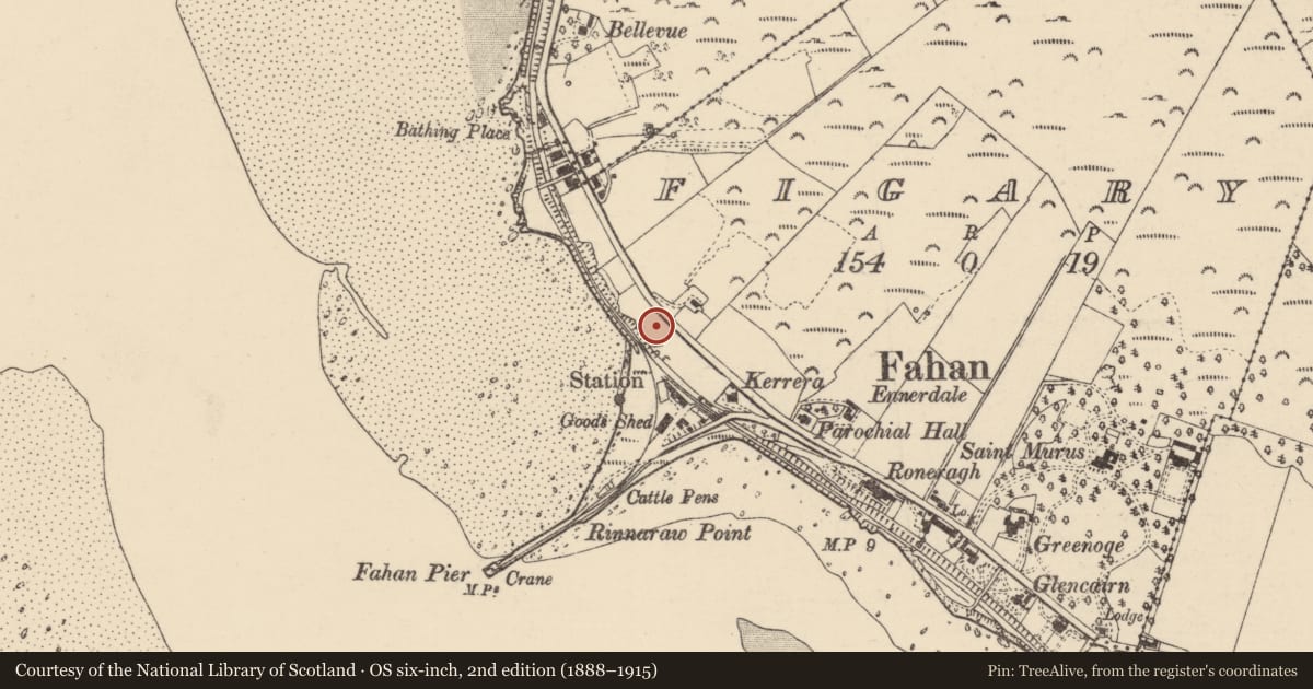 Ordnance Survey six-inch map, 2nd edition (1888–1915) covering the location of Flat cemetery, Figary, County Donegal, with a pin at the register's coordinates