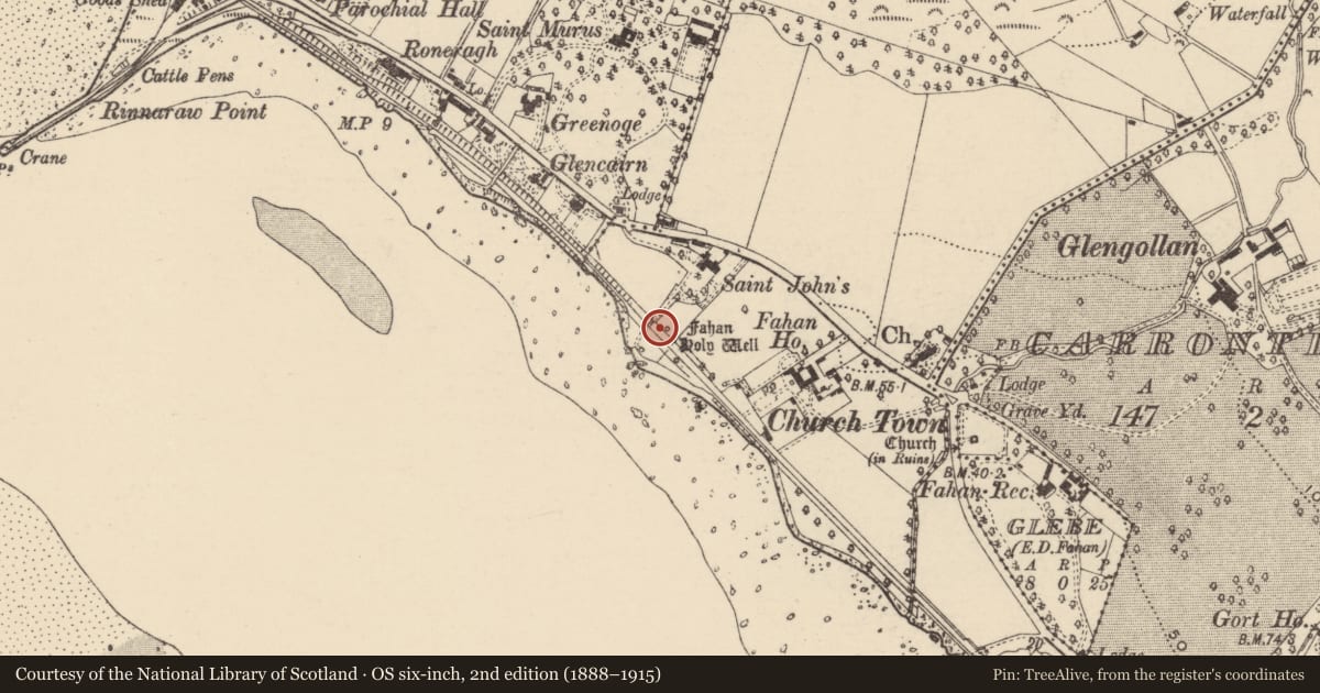 Ordnance Survey six-inch map, 2nd edition (1888–1915) covering the location of Ritual site - holy well, Carrowmullin, County Donegal, with a pin at the register's coordinates