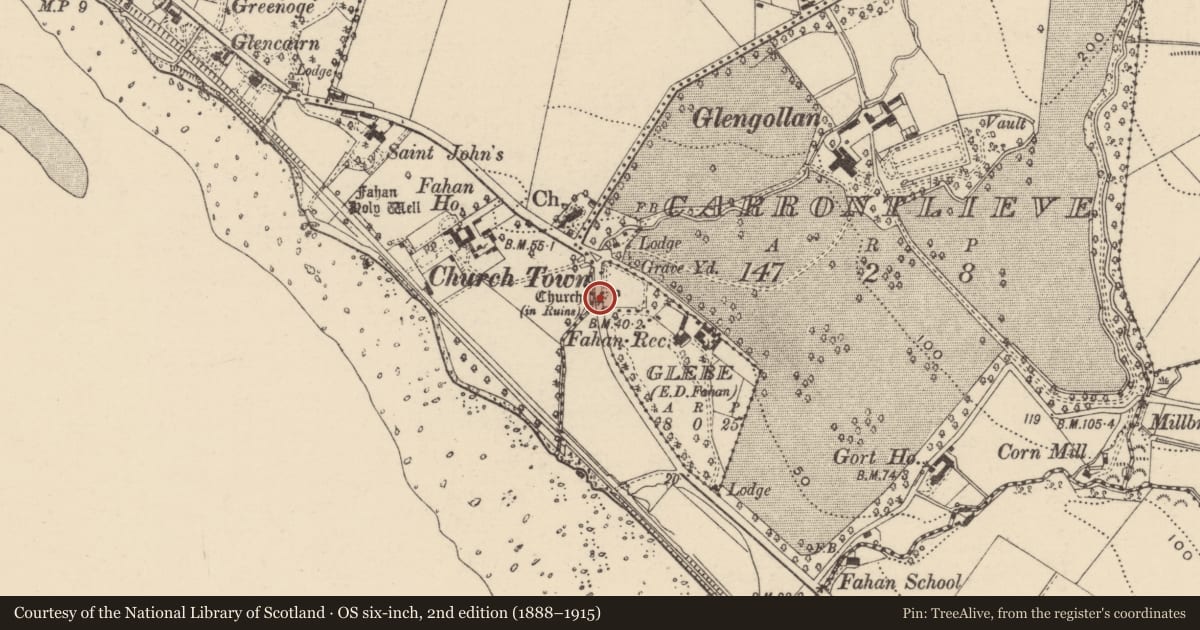 Ordnance Survey six-inch map, 2nd edition (1888–1915) covering the location of Cross-slab, Glebe, County Donegal, with a pin at the register's coordinates