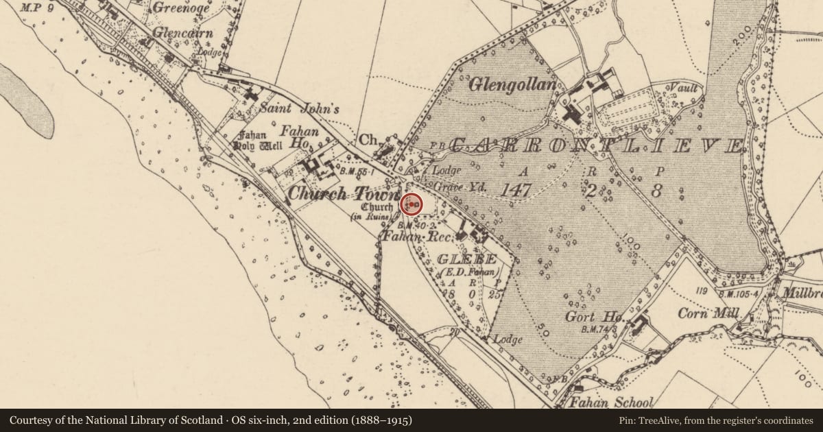 Ordnance Survey six-inch map, 2nd edition (1888–1915) covering the location of Font, Glebe, County Donegal, with a pin at the register's coordinates
