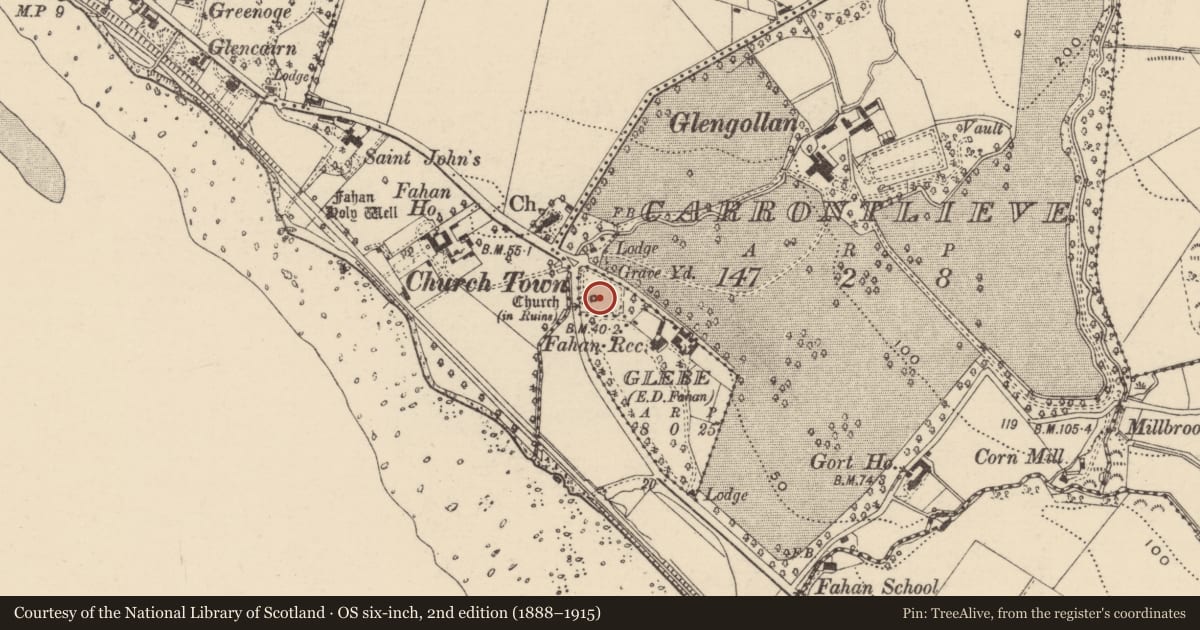 Ordnance Survey six-inch map, 2nd edition (1888–1915) covering the location of Graveslab, Glebe, County Donegal, with a pin at the register's coordinates