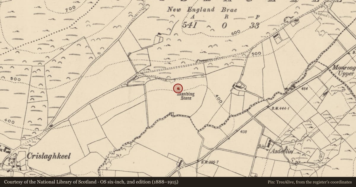 Ordnance Survey six-inch map, 2nd edition (1888–1915) covering the location of Standing stone, Crislaghkeel, County Donegal, with a pin at the register's coordinates