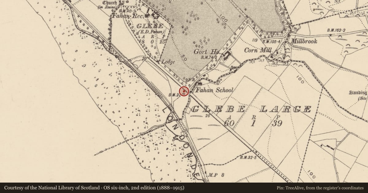Ordnance Survey six-inch map, 2nd edition (1888–1915) covering the location of Flat cemetery, Carrontlieve, County Donegal, with a pin at the register's coordinates
