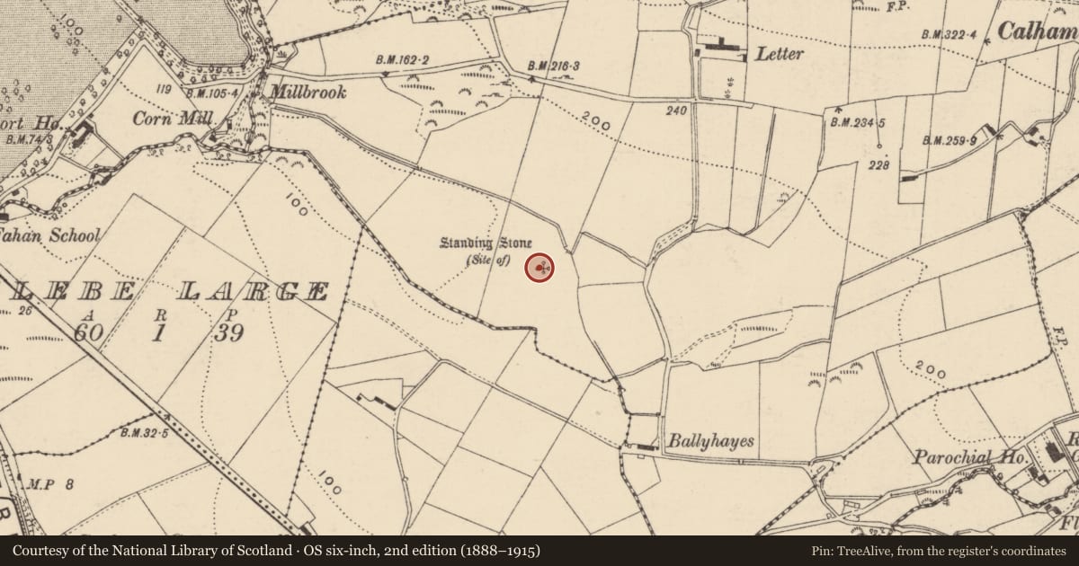 Ordnance Survey six-inch map, 2nd edition (1888–1915) covering the location of Standing stone, Leitir (TC Fathain), County Donegal, with a pin at the register's coordinates