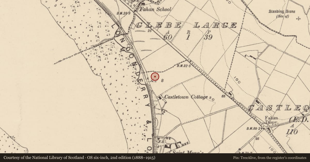 Ordnance Survey six-inch map, 2nd edition (1888–1915) covering the location of Structure, An MacHaire Beag (TC Fathain), County Donegal, with a pin at the register's coordinates