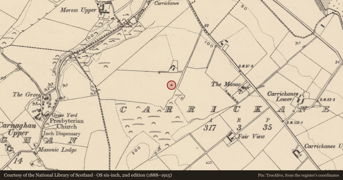 Ordnance Survey six-inch map, 2nd edition (1888–1915) covering the location of Ringfort - unclassified, Carrickanee, County Donegal, with a pin at the register's coordinates