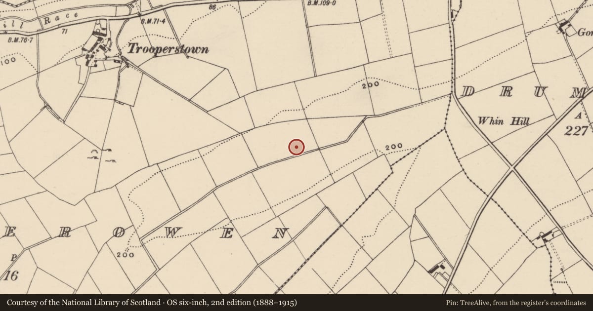 Ordnance Survey six-inch map, 2nd edition (1888–1915) covering the location of Standing stone, Ballyederowen, County Donegal, with a pin at the register's coordinates