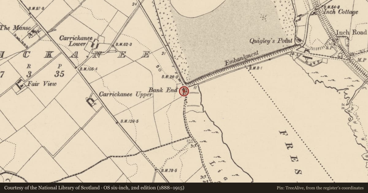 Ordnance Survey six-inch map, 2nd edition (1888–1915) covering the location of Midden, Carrickanee, County Donegal, with a pin at the register's coordinates