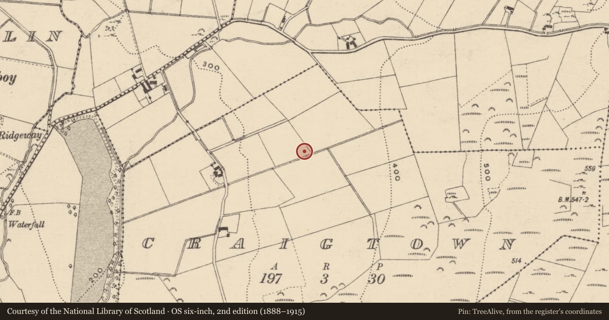 Ordnance Survey six-inch map, 2nd edition (1888–1915) covering the location of Burnt mound, Baile Na Creige Thoir, County Donegal, with a pin at the register's coordinates