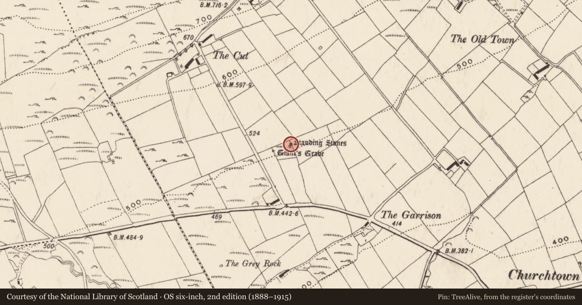 Ordnance Survey six-inch map, 2nd edition (1888–1915) covering the location of Standing stone, Eskaheen, County Donegal, with a pin at the register's coordinates
