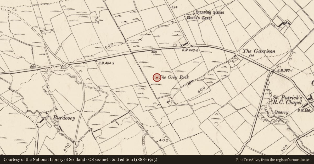 Ordnance Survey six-inch map, 2nd edition (1888–1915) covering the location of Megalithic tomb - portal tomb, Eskaheen, County Donegal, with a pin at the register's coordinates