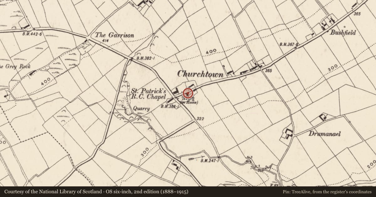 Ordnance Survey six-inch map, 2nd edition (1888–1915) covering the location of Church, Eskaheen, County Donegal, with a pin at the register's coordinates