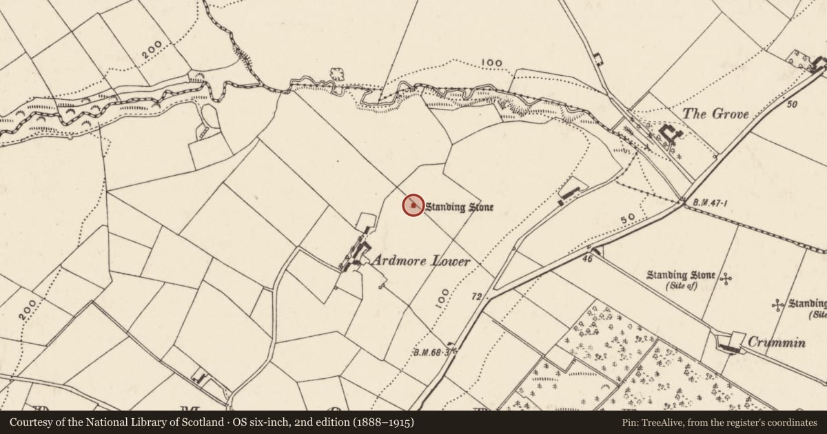 Ordnance Survey six-inch map, 2nd edition (1888–1915) covering the location of Standing stone, Ardmore, County Donegal, with a pin at the register's coordinates