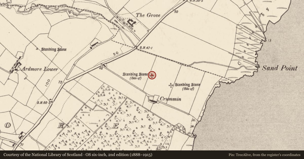 Ordnance Survey six-inch map, 2nd edition (1888–1915) covering the location of Standing stone, Ardmore, County Donegal, with a pin at the register's coordinates