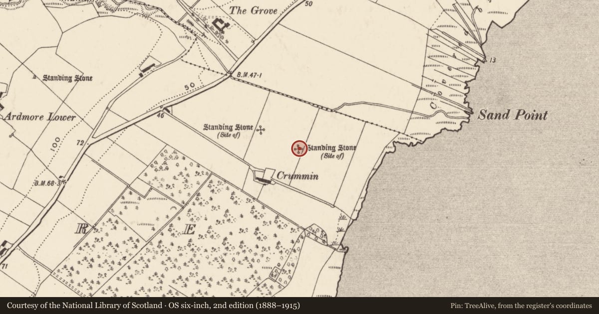 Ordnance Survey six-inch map, 2nd edition (1888–1915) covering the location of Standing stone, Ardmore, County Donegal, with a pin at the register's coordinates
