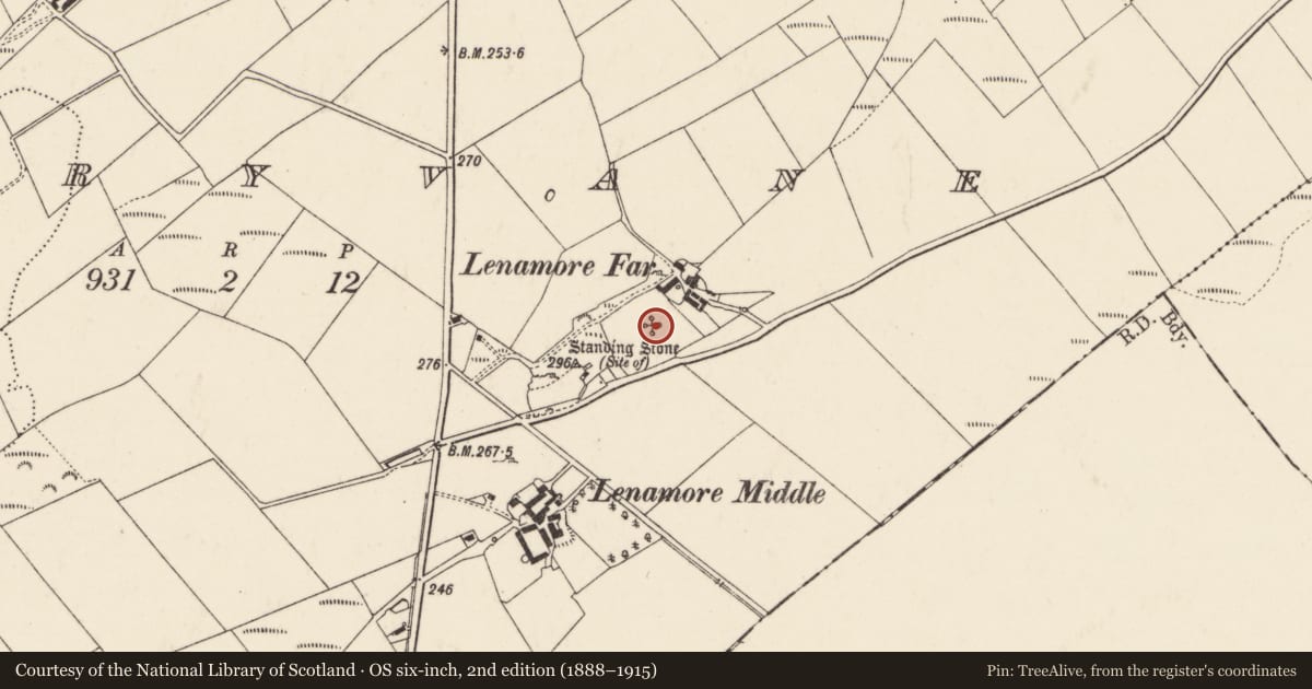 Ordnance Survey six-inch map, 2nd edition (1888–1915) covering the location of Standing stone, Derryvane, County Donegal, with a pin at the register's coordinates