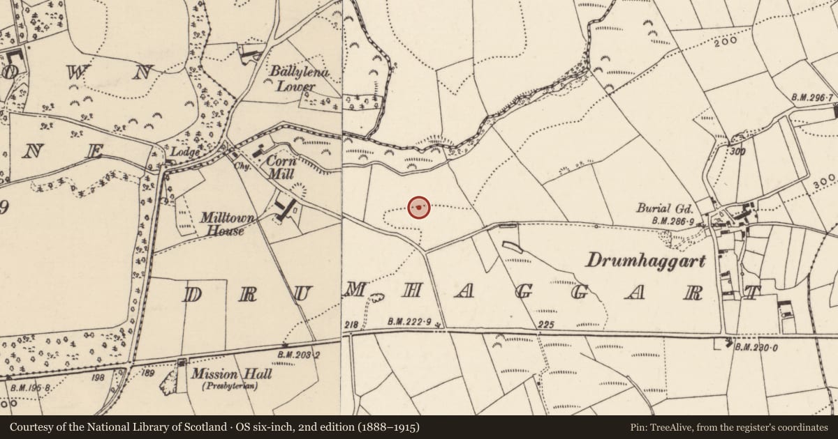Ordnance Survey six-inch map, 2nd edition (1888–1915) covering the location of Pit-burial, Drumhaggart, County Donegal, with a pin at the register's coordinates