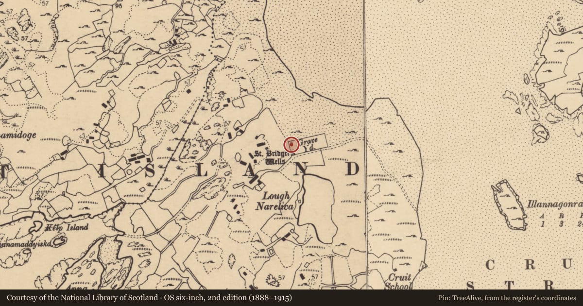 Ordnance Survey six-inch map, 2nd edition (1888–1915) covering the location of Ritual site - holy well, An Chruit Uachtarach, County Donegal, with a pin at the register's coordinates