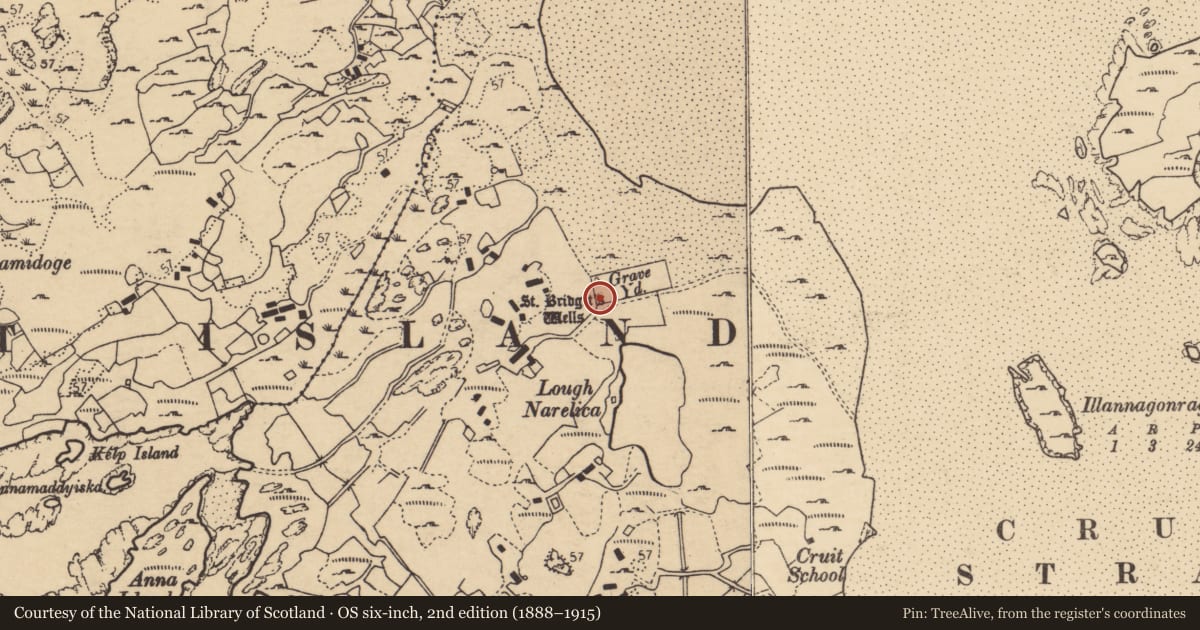 Ordnance Survey six-inch map, 2nd edition (1888–1915) covering the location of Ritual site - holy well, An Chruit Uachtarach, County Donegal, with a pin at the register's coordinates