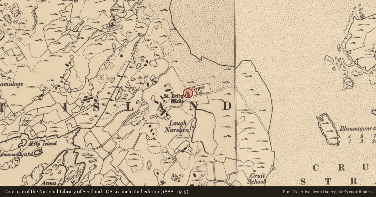 Ordnance Survey six-inch map, 2nd edition (1888–1915) covering the location of Ritual site - holy well, An Chruit Uachtarach, County Donegal, with a pin at the register's coordinates