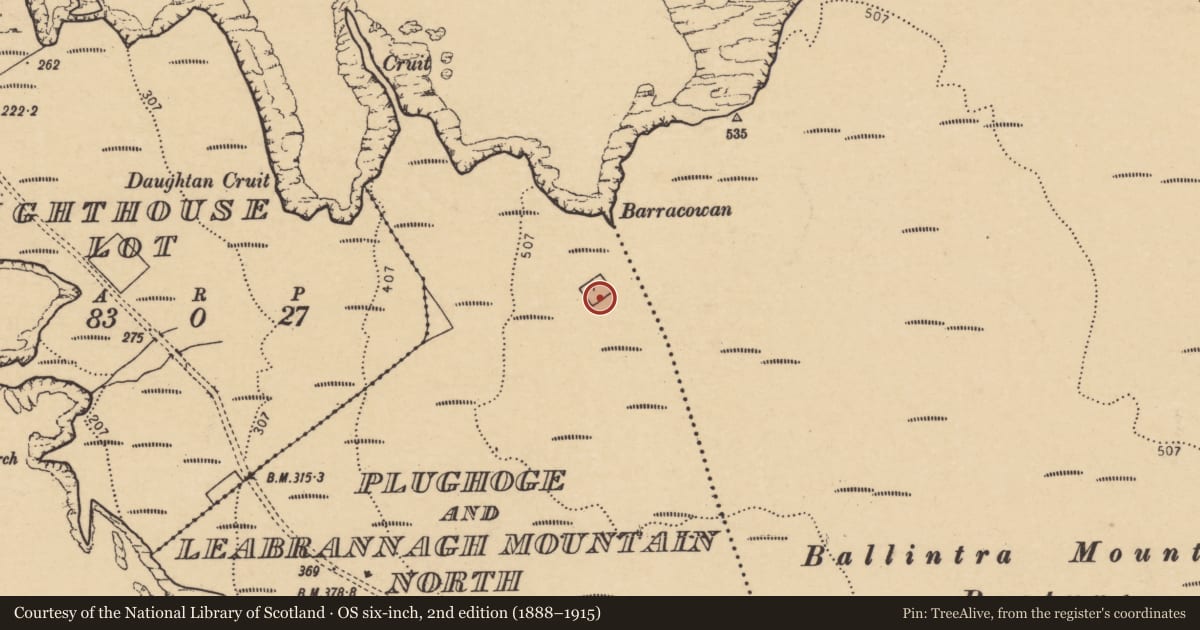Ordnance Survey six-inch map, 2nd edition (1888–1915) covering the location of Bastioned fort, Sliabh Phlochóige Agus Leadhb Reannach Thuaidh, County Donegal, with a pin at the register's coordinates