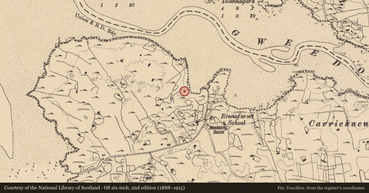 Ordnance Survey six-inch map, 2nd edition (1888–1915) covering the location of Ritual site - holy well, Rann Na Feirste, County Donegal, with a pin at the register's coordinates