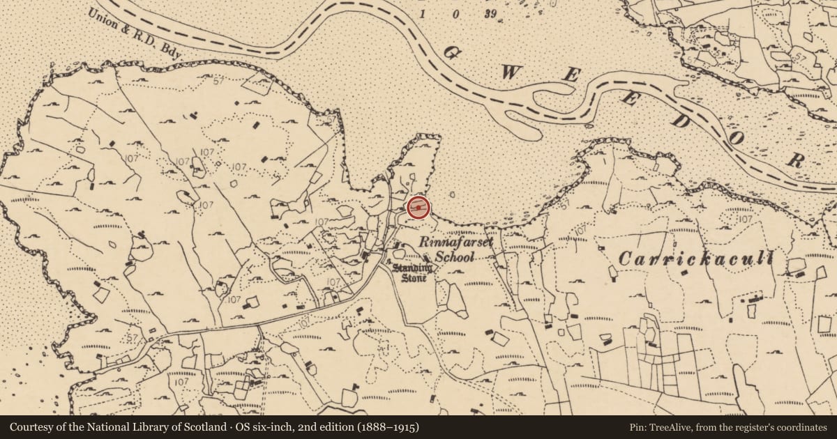 Ordnance Survey six-inch map, 2nd edition (1888–1915) covering the location of Ritual site - holy well, Rann Na Feirste, County Donegal, with a pin at the register's coordinates