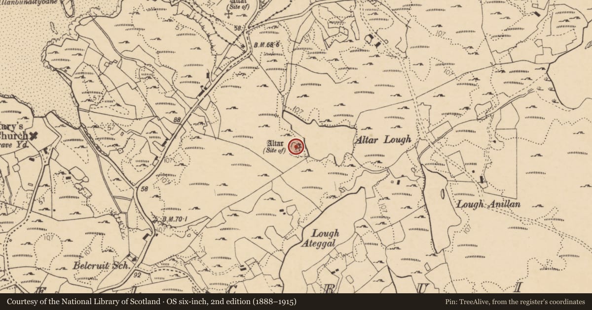 Ordnance Survey six-inch map, 2nd edition (1888–1915) covering the location of Penal Mass station, Béal Na Cruite, County Donegal, with a pin at the register's coordinates